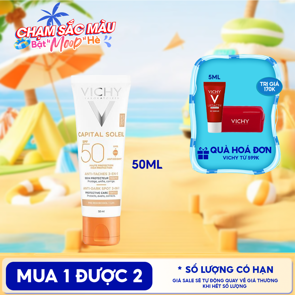 Kem Chống Nắng Vichy Hỗ Trợ Giảm Sạm Da, Giảm Thâm Nám Capital Soleil Anti-Dark Spot 3-In-1 SPF50+ 50ml