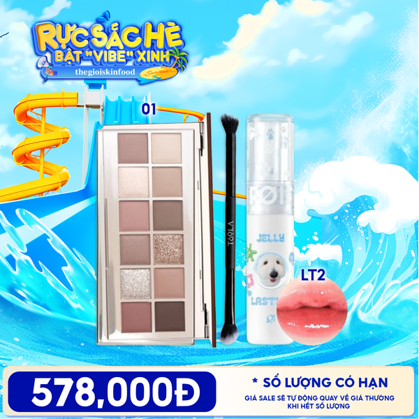 Combo Bảng Phấn Mắt 12 Ô Joocyee 12 Shades Eyeshadow Palette + Son Tint Bóng FOIF Jelly Lasting Tint + Cọ Trang Điểm 2 Đầu Toola TOOLA 