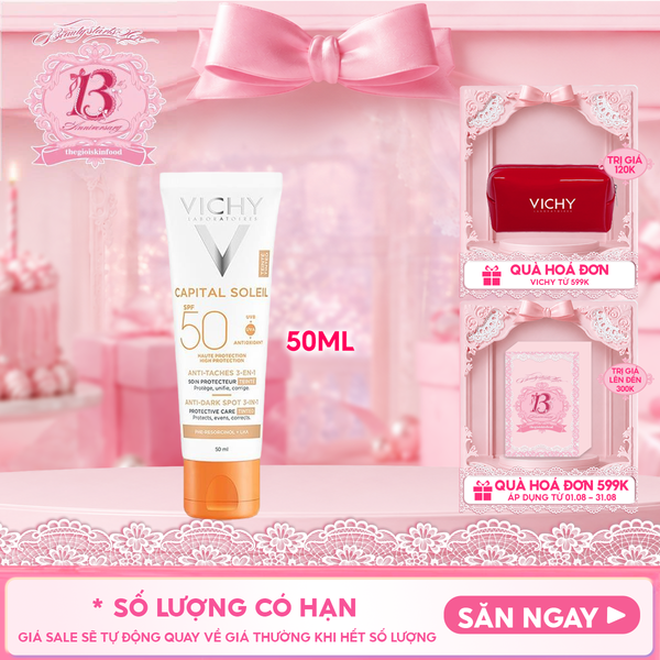  Kem Chống Nắng Vichy Hỗ Trợ Giảm Sạm Da, Giảm Thâm Nám Capital Soleil Anti-Dark Spot 3-In-1 SPF50+ 50ml 