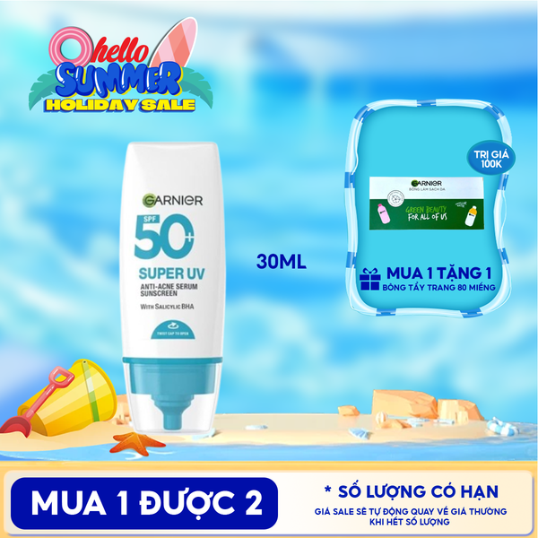  Kem Chống Nắng Phổ Rộng Garnier Kiềm Dầu, Hỗ Trợ Giảm Mụn Super Uv Anti-Acne Serum Sunscreen SPF50+ PA++++ 30ml 