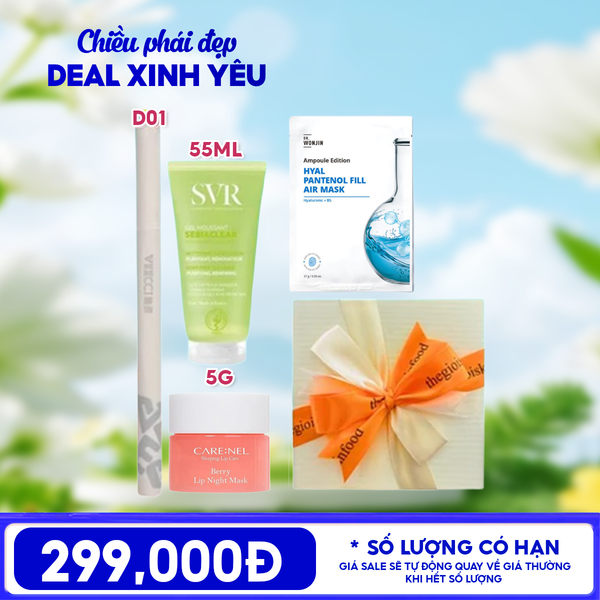  [HỘP QUÀ YÊU THƯƠNG] Sữa Rửa Mặt SVR Sebiaclear Gel Moussant + Mặt Nạ Ngủ Môi Carenel Lip Night Mask + Mặt Nạ Miếng Wonjin + Bút Kẻ Mắt VEECCI Vivid Color Eyeliner Pen 