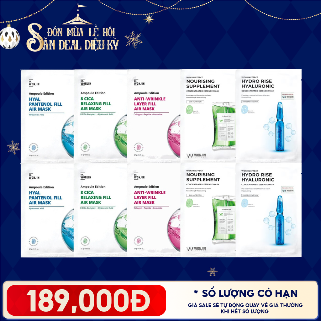 Combo Wonjin 10 Mask: Mặt Nạ Cấp Ẩm Dịu Da Ampoule Edition Fill Air + Mặt Nạ Cấp Ẩm, Hỗ Trợ Dưỡng Sáng Effect Concentrated Essence