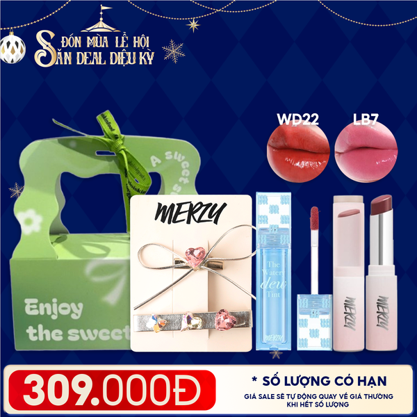  Combo Quà Tặng: Son Tint Bóng Merzy The Watery Dew Tint + Son Dưỡng Ẩm Merzy Siren Melting Color Lip Balm + Kẹp Tóc Merzy + Túi Quà 
