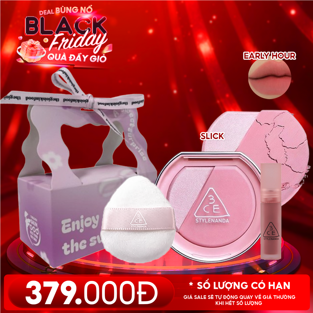 Combo Quà Tặng 20/11: Túi Quà + Phấn Má Hồng Bắt Sáng 3CE Blushlighter Middy Hype + Mút Trang Điểm 3CE + Son Kem Lì Mini 3CE Early Hour