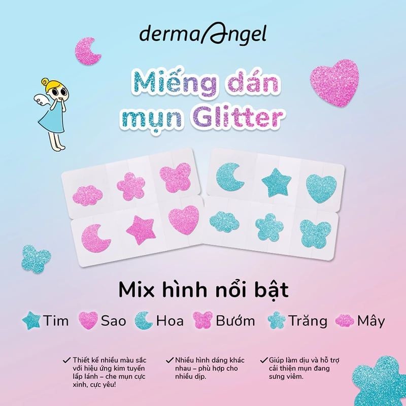 Miếng Dán Mụn Derma Angel Hình Vui Nhộn Acne Beauty Patch Colorful Mix Shaped (12 miếng)