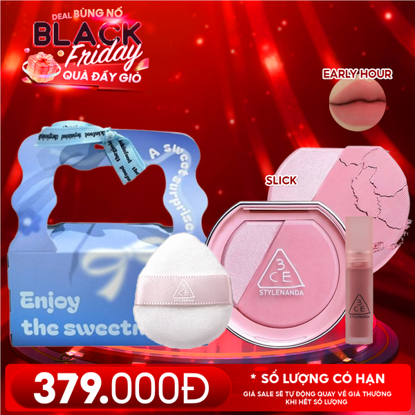  Combo Quà Tặng 20/11: Túi Quà + Phấn Má Hồng Bắt Sáng 3CE Blushlighter Middy Hype + Mút Trang Điểm 3CE + Son Kem Lì Mini 3CE Early Hour 