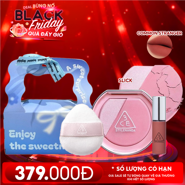  Combo Quà Tặng 20/11: Túi Quà + Phấn Má Hồng Bắt Sáng 3CE Blushlighter Middy Hype + Mút Trang Điểm 3CE + Son Kem Lì Mini 3CE Common Stranger 