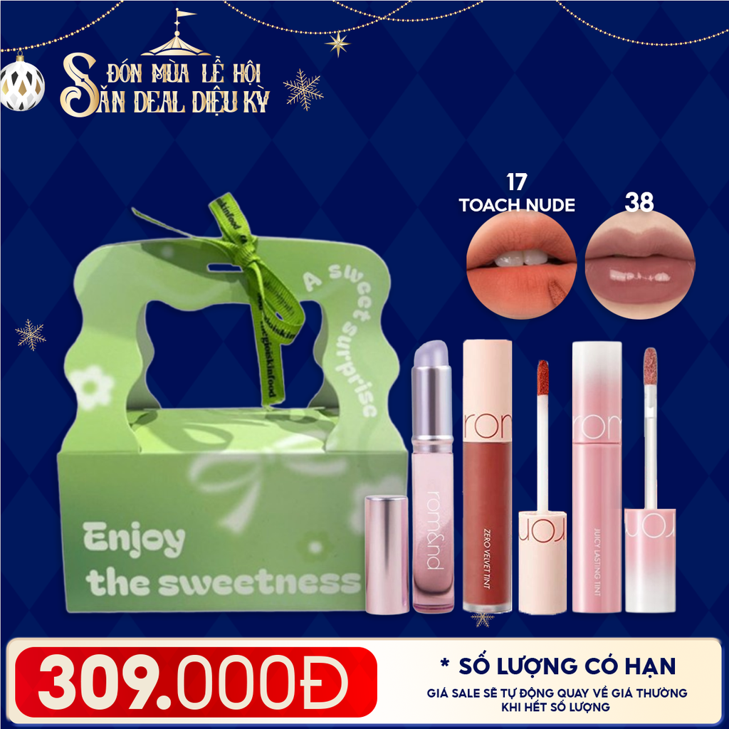 Combo Quà Tặng: Son Kem Lì Romand Zero Velvet Tint + Son Tint Lì Romand Juicy Lasting Tint + Cọ Môi Silicon + Túi Quà