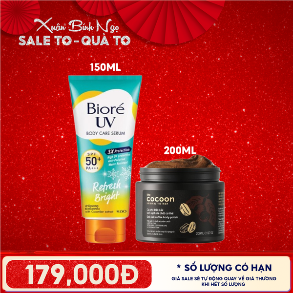  Combo Quà Tặng: Serum Dưỡng Thể Chống Nắng Bioré Refresh Bright 150ML + Tẩy Da Chết Body Cocoon Cà Phê Dak Lak 200ML 