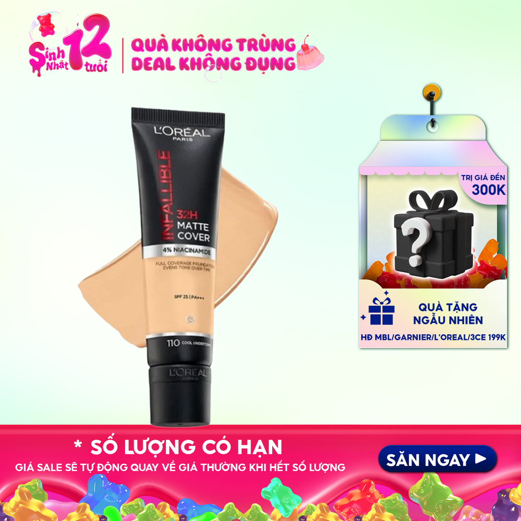 Kem Nền L'Oreal Che Phủ Cao, Kiềm Dầu, Lâu Trôi Với 4% Niacinamide Infallible 32H Matte Cover Foundation SPF25 PA+++ 30ml