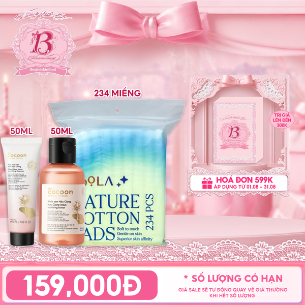  Combo Travel: Sữa Rửa Mặt Sen Hậu Giang Dịu Da Cocoon Cleanser 50m + Nước Cân Bằng Sen Hậu Giang Da Nhạy Cảm Cocoon Soothing Toner 50ml + Bông Tẩy Trang Mềm Mịn TOOLA 