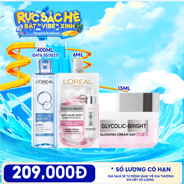  Combo Travel: Kem Dưỡng L'Oreal Glycolic Bright Cream Day 15ml + Tinh Chất Mờ Thâm Nám L'oreal Serum 6ml + Nước Tẩy Trang L'Oreal Micellar Water 