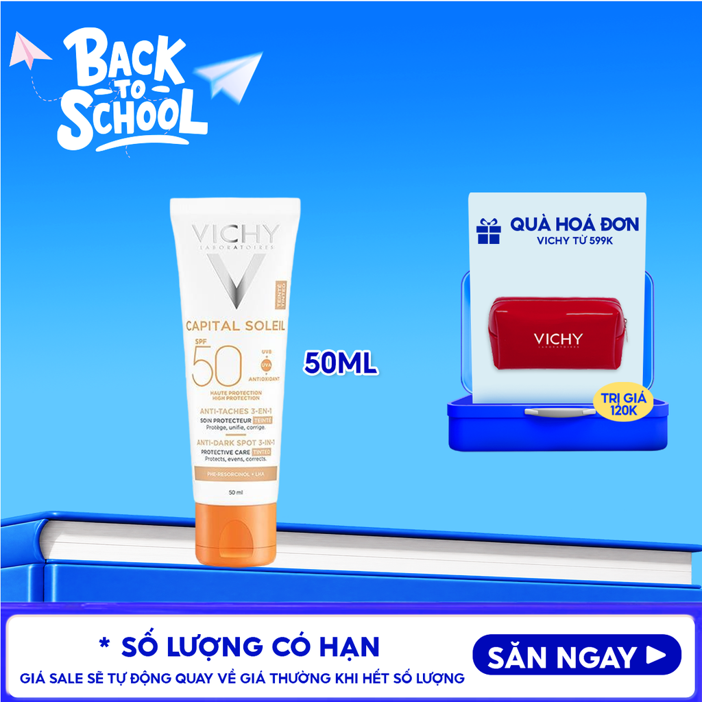 Kem Chống Nắng Vichy Hỗ Trợ Giảm Sạm Da, Giảm Thâm Nám Capital Soleil Anti-Dark Spot 3-In-1 SPF50+ 50ml