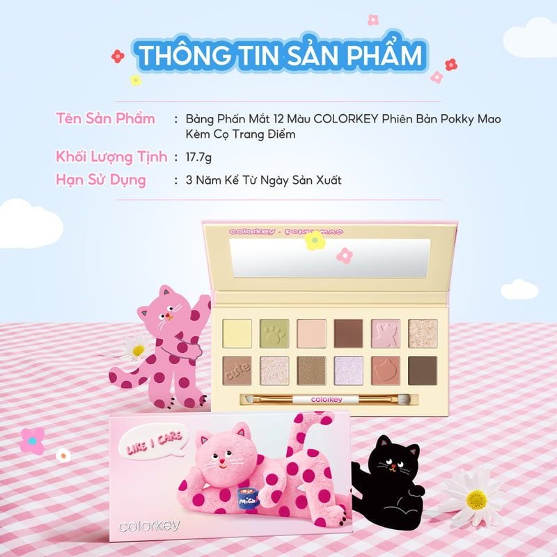 Bảng Phấn Mắt 12 Ô Màu Colorkey Đa Năng, Tiện Lợi Bloom Chase 12-Color Eyeshadow Palette 17.7g (The Polka Dot Cat Edition)