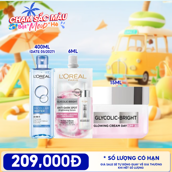  Combo Travel: Kem Dưỡng L'Oreal Glycolic Bright Cream Day 15ml + Tinh Chất Mờ Thâm Nám L'oreal Serum 6ml + Nước Tẩy Trang L'Oreal Micellar Water 