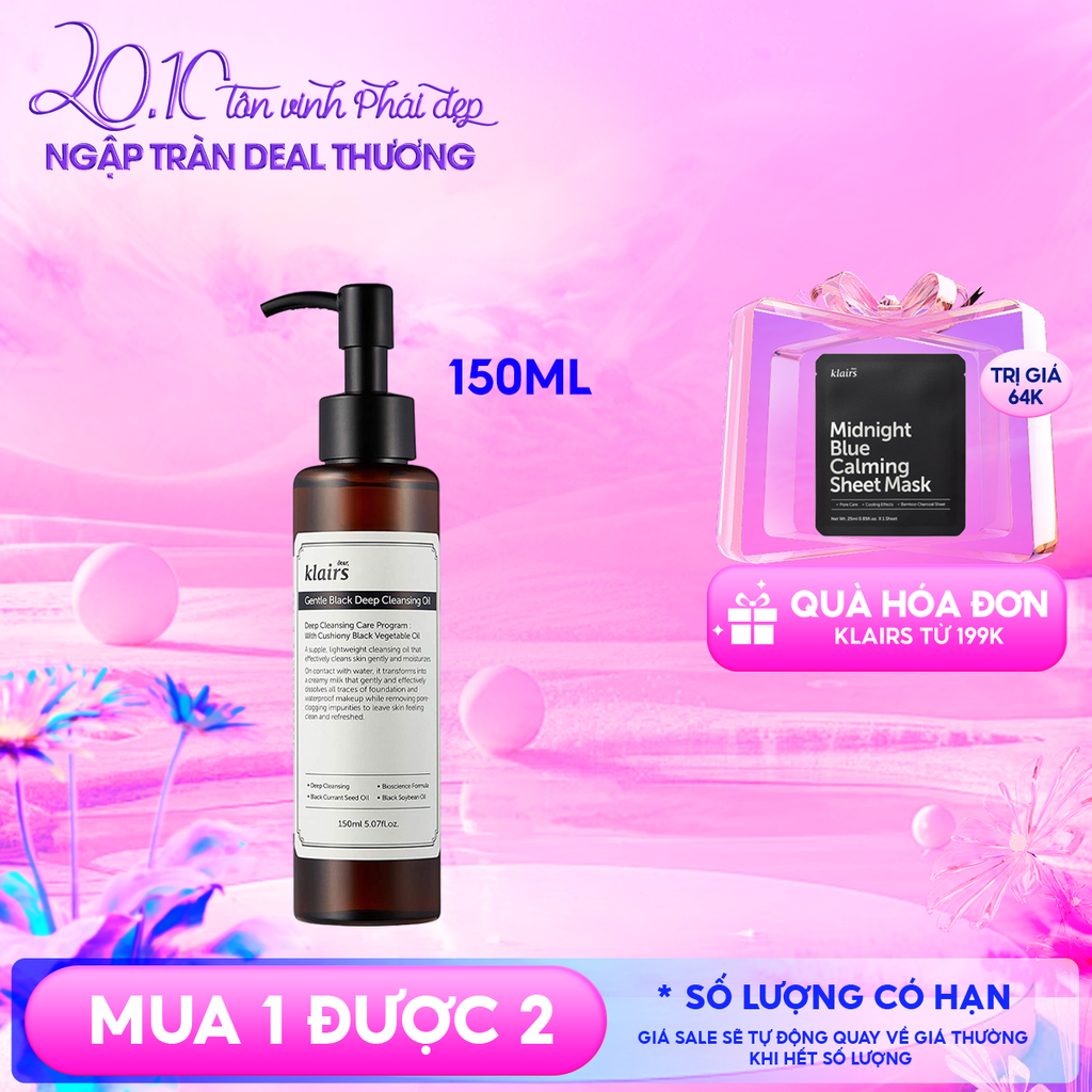 Dầu Tẩy Trang Klairs Kiểm Soát Bã Nhờn, Cung Cấp Dưỡng Chất Cho Da Gentle Black Deep Cleansing Oil 150ml