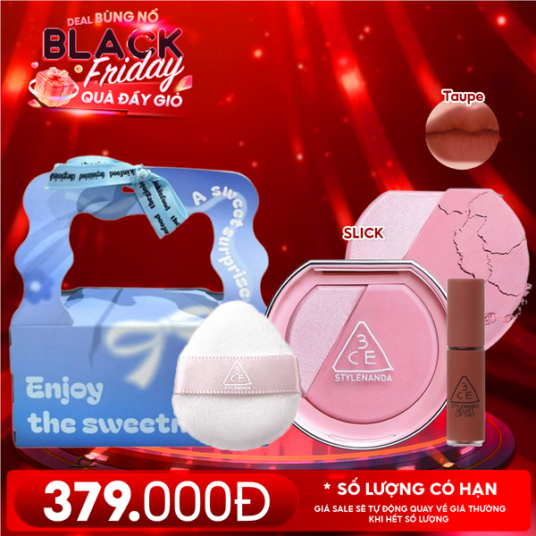  Combo Quà Tặng: Túi Quà + Phấn Má Hồng Bắt Sáng 3CE Blushlighter Middy Hype + Mút Trang Điểm 3CE + Son Kem Lì Mini 3CE Taupe 