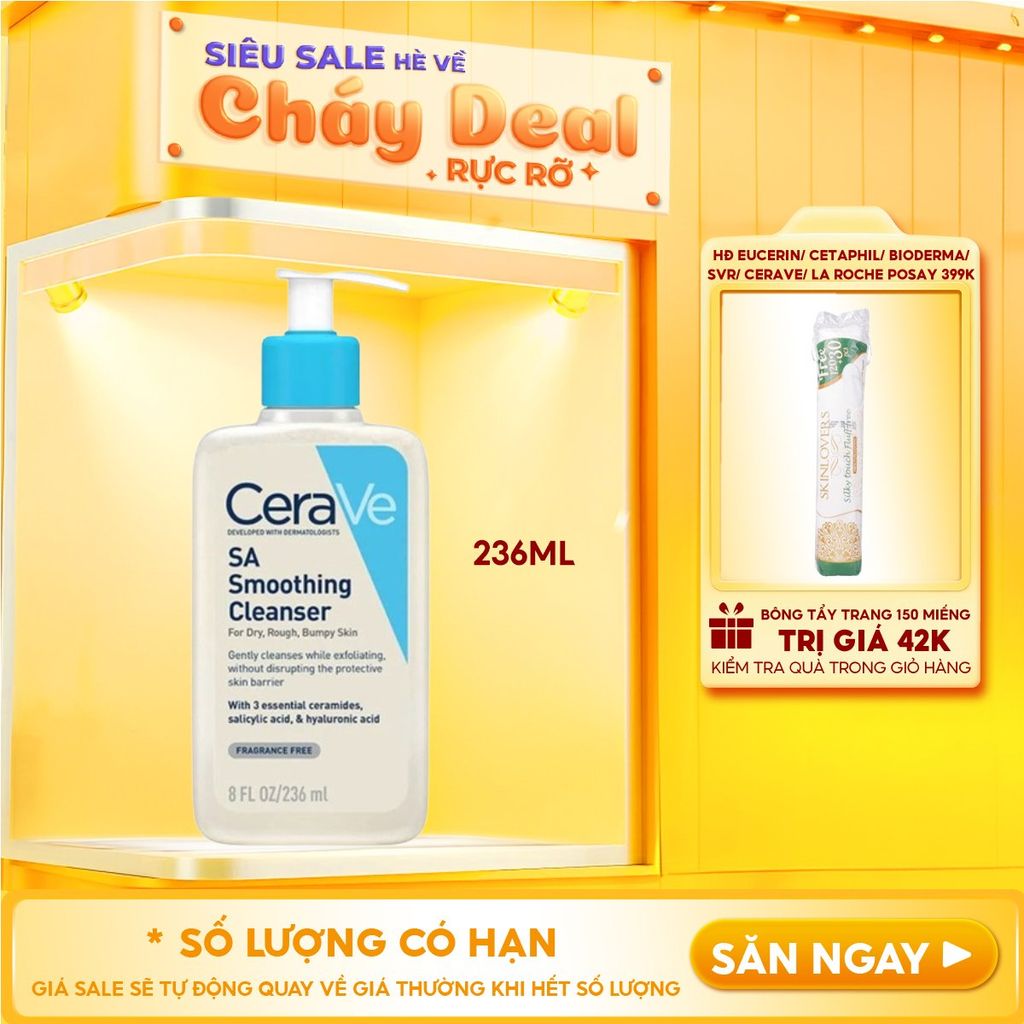 Sữa Rửa Mặt Cerave Làm Sạch Sâu Cho Da Mụn, Tẩy Da Chết Dịu Nhẹ Developed With Dermatologists SA Smoothing Cleanser 236ml