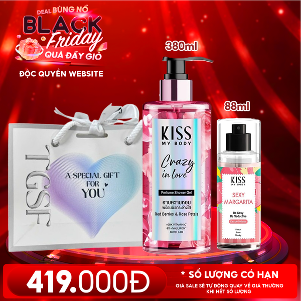  Combo Quà Tặng 20/11: Sữa Tắm Sạch Sâu Hương Nước Hoa Kiss My Body Gel 380ml + Xịt Thơm Toàn Thân Hương Nước Hoa Kiss My Body 88ml + Túi Quà 