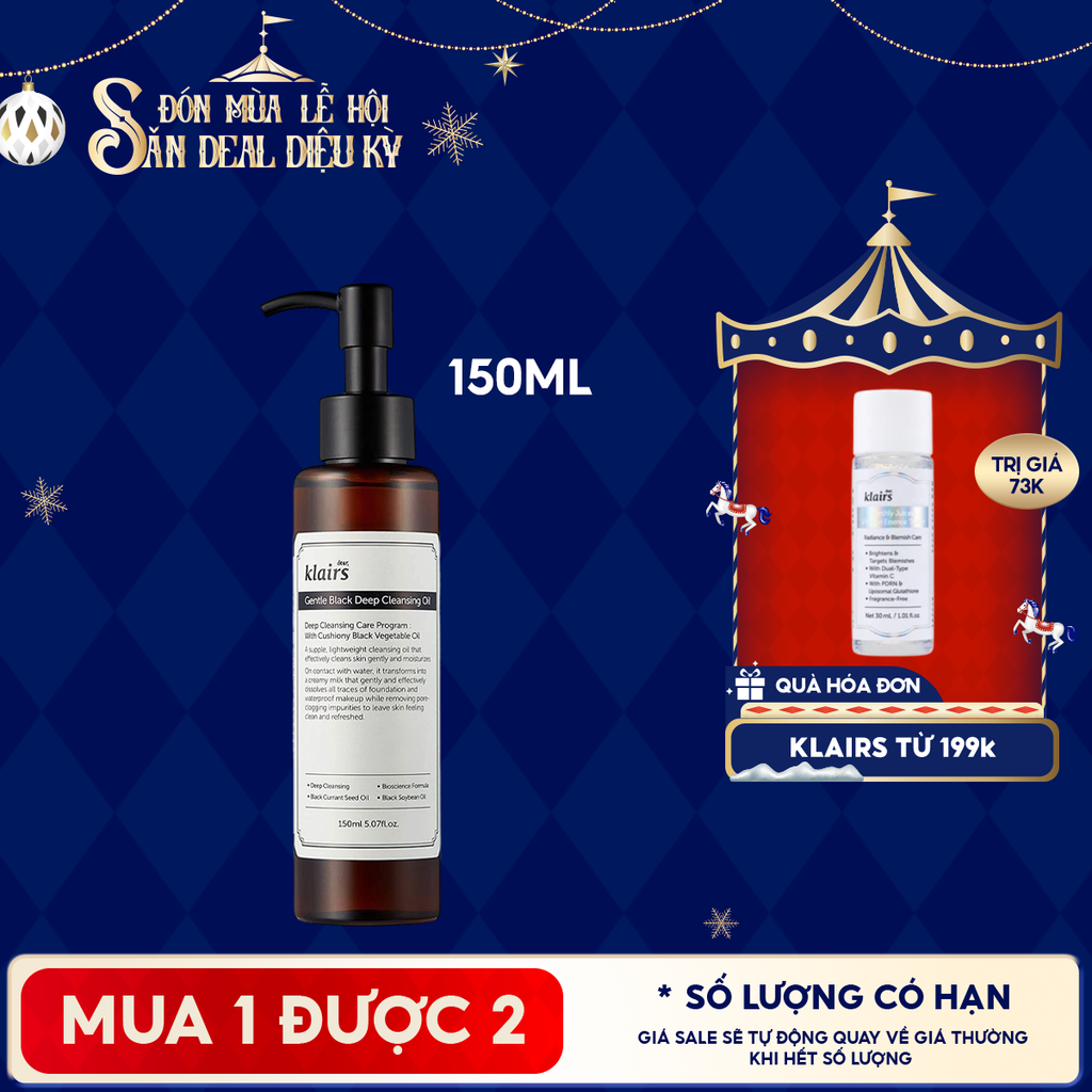 Dầu Tẩy Trang Klairs Kiểm Soát Bã Nhờn, Cung Cấp Dưỡng Chất Cho Da Gentle Black Deep Cleansing Oil 150ml