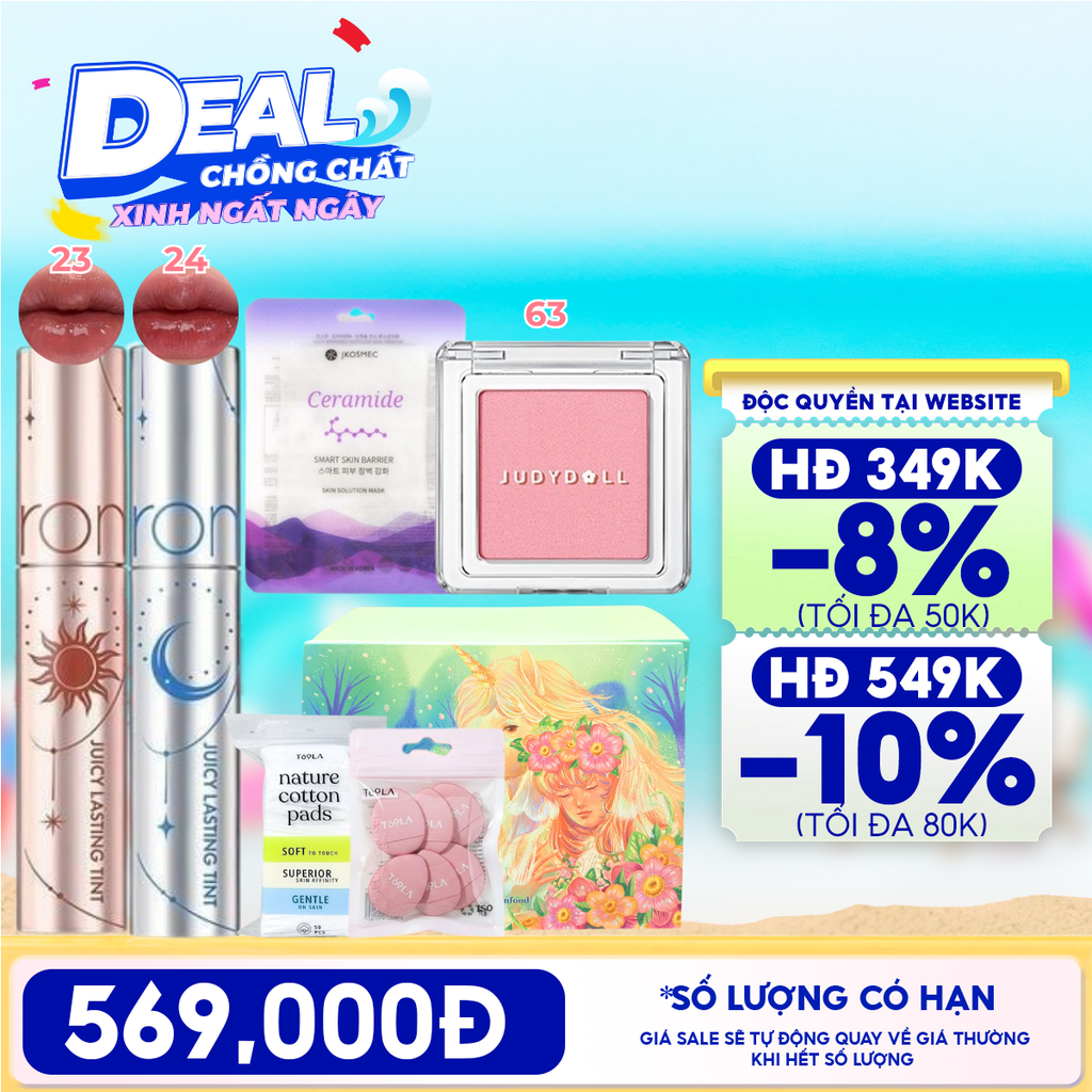 [HỘP QUÀ YÊU THƯƠNG] Son Tint Lì Romand The Juicy Lasting Tint Solunar + Phấn Má Hồng Đơn Sắc Judydoll Blush Powder + Bông Mút Trang Điểm, Tẩy Trang TOOLA + Mặt Nạ Jkosmec + Hộp Quà Ngẫu Nhiên