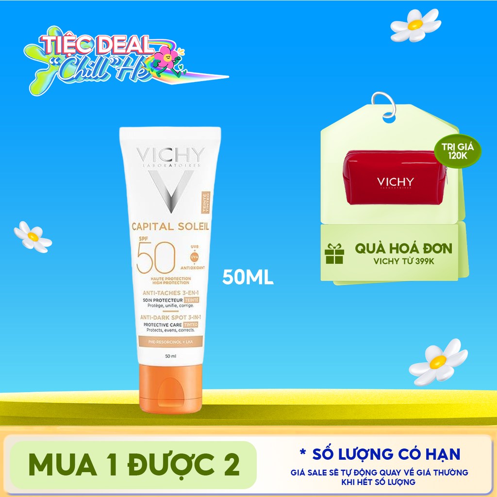 Kem Chống Nắng Vichy Hỗ Trợ Giảm Sạm Da, Giảm Thâm Nám Capital Soleil Anti-Dark Spot 3-In-1 SPF50+ 50ml