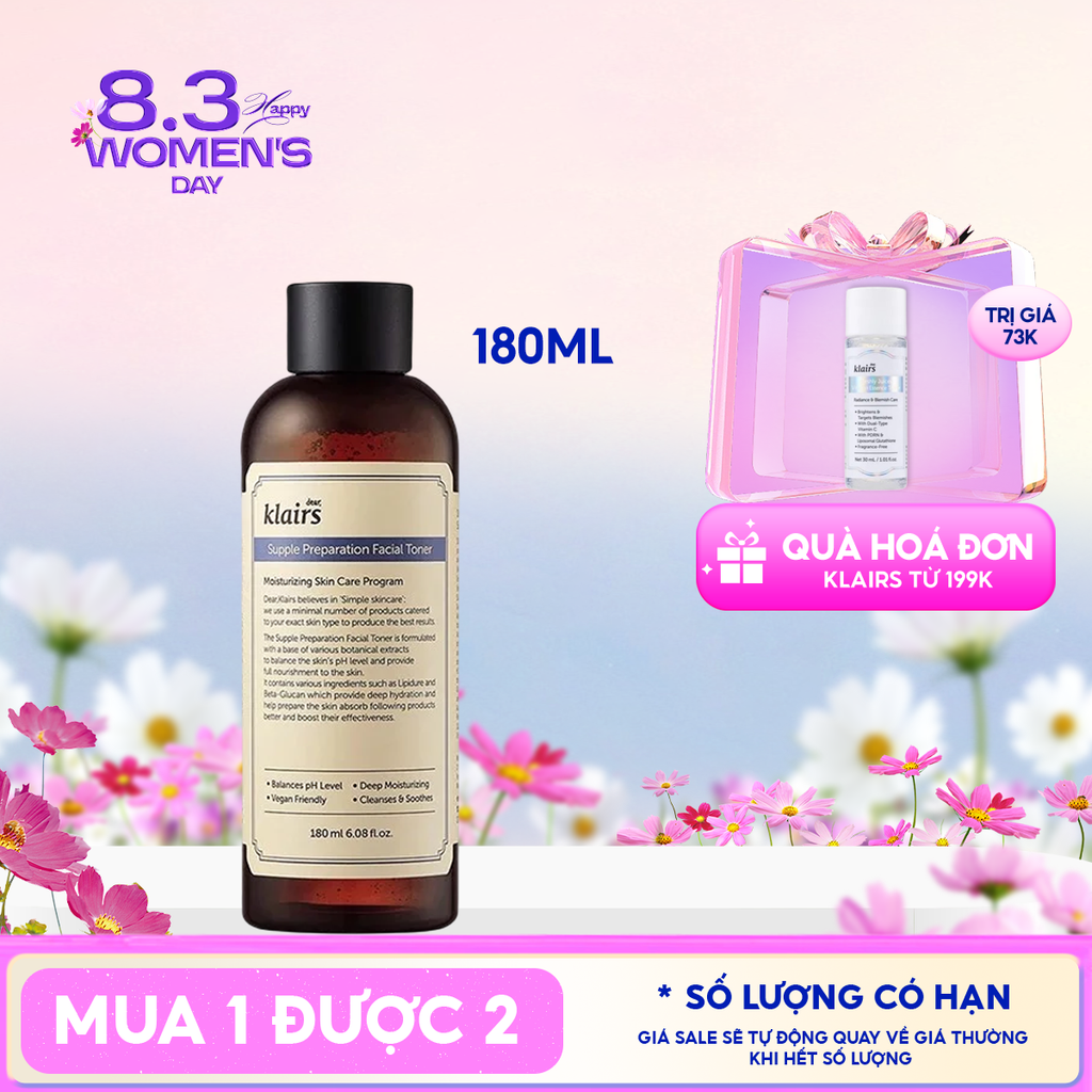 Nước Hoa Hồng Klairs Làm Sạch, Dưỡng Ẩm Supple Preparation Facial Toner 180ml