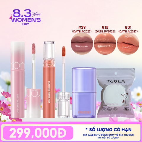 Combo Quà Tặng 8.3 : Son Bóng Nuse Care Liptual + Son Lì Romand The Juicy Lasting Tint + Romand Glasting Water Tint + Bông Tẩy Trang Tròn TOOLA x Romand