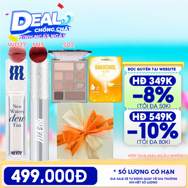  [HỘP QUÀ YÊU THƯƠNG] Son Tint Bóng Merzy The Watery Dew Tint + Son Kem Lì Merzy The Glam Mellow Tint + Phấn Mắt VEECCI 10 Ô Glamorous Dreamland + Mặt Nạ Foodaholic + Hộp Quà Ngẫu Nhiên 