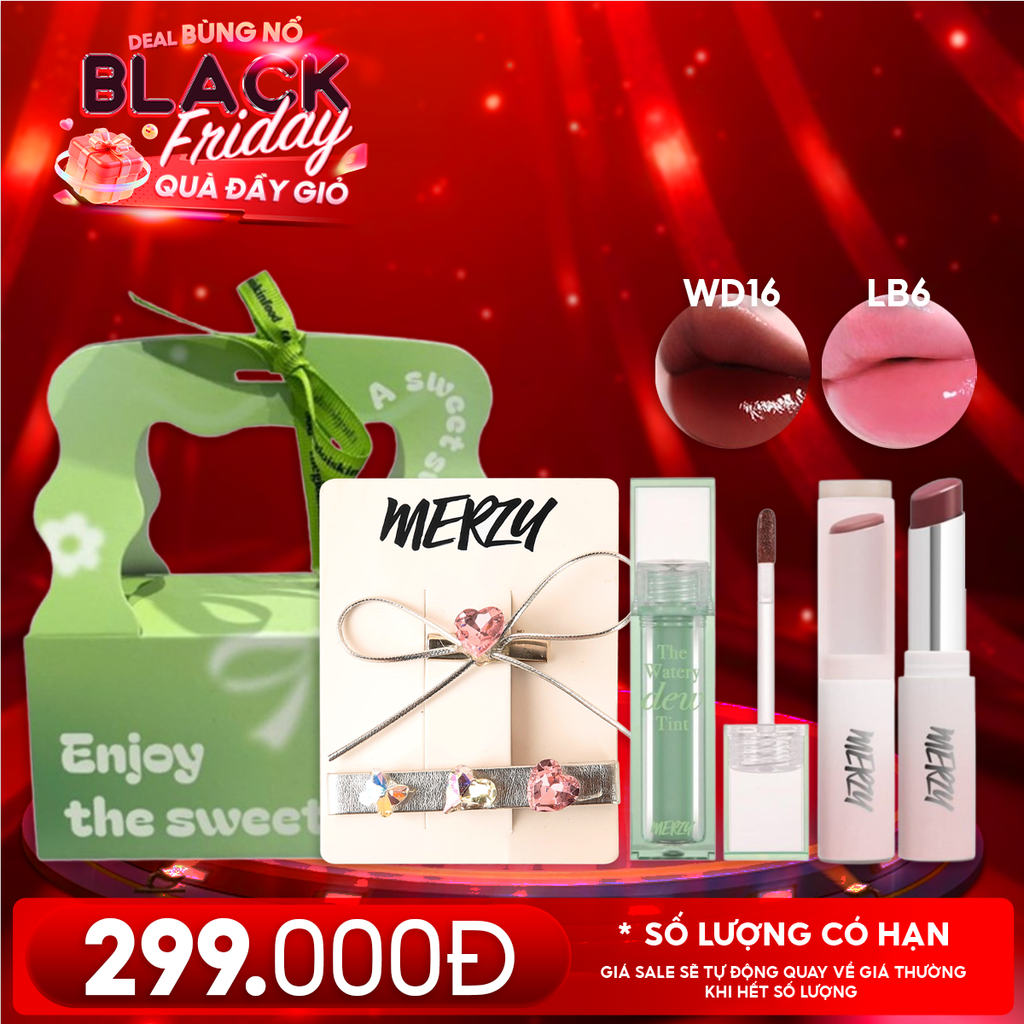 Combo Quà Tặng 20/11: Son Tint Bóng Merzy The Watery Dew Tint + Son Dưỡng Ẩm Merzy Siren Melting Color Lip Balm + Kẹp Tóc Merzy + Túi Quà