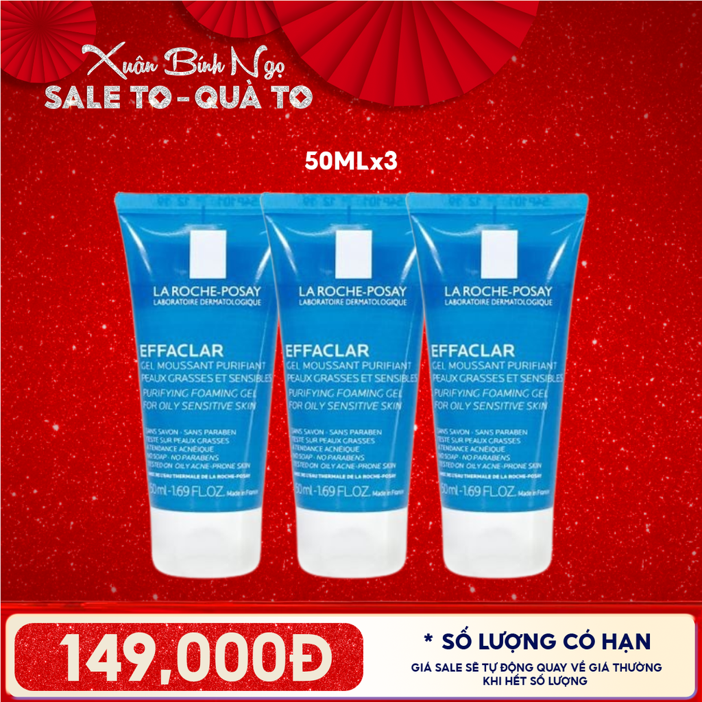 [MINI 50ML] Combol 3 Chai Sữa Rửa Mặt Dạng Gel Cho Da Dầu Mụn La Roche-Posay Effaclar Purifying Foaming Gel For Oily Sensitive Skin