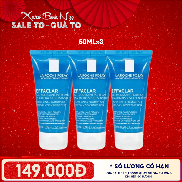  [MINI 50ML] Combol 3 Chai Sữa Rửa Mặt Dạng Gel Cho Da Dầu Mụn La Roche-Posay Effaclar Purifying Foaming Gel For Oily Sensitive Skin 