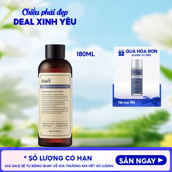  Nước Hoa Hồng Klairs Làm Sạch, Dưỡng Ẩm Supple Preparation Facial Toner 180ml 