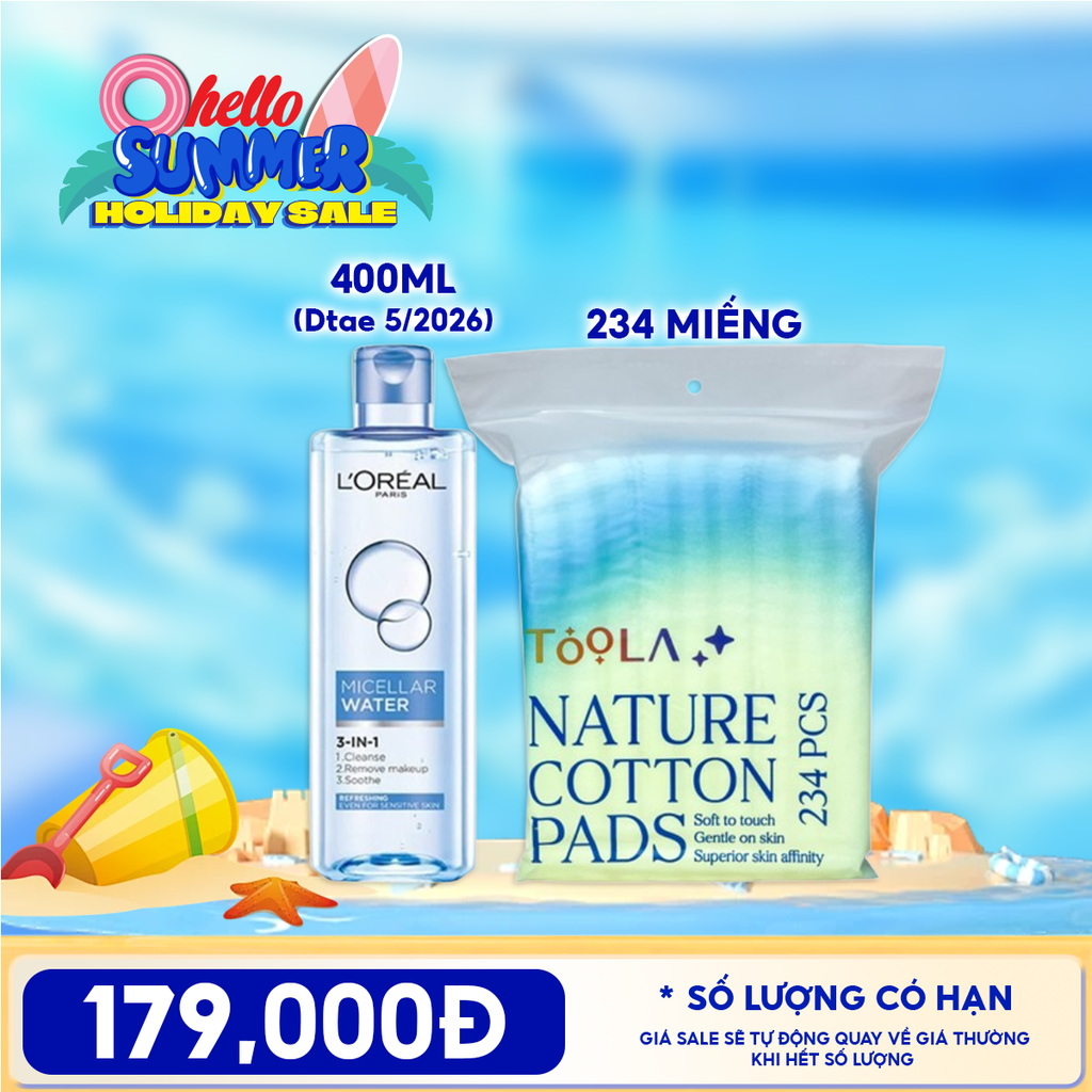 Combo Tiện Lợi: Nước Tẩy Trang L'Oreal 3-in-1 Micellar Water + Bông Tẩy Trang Mềm Mịn TOOLA