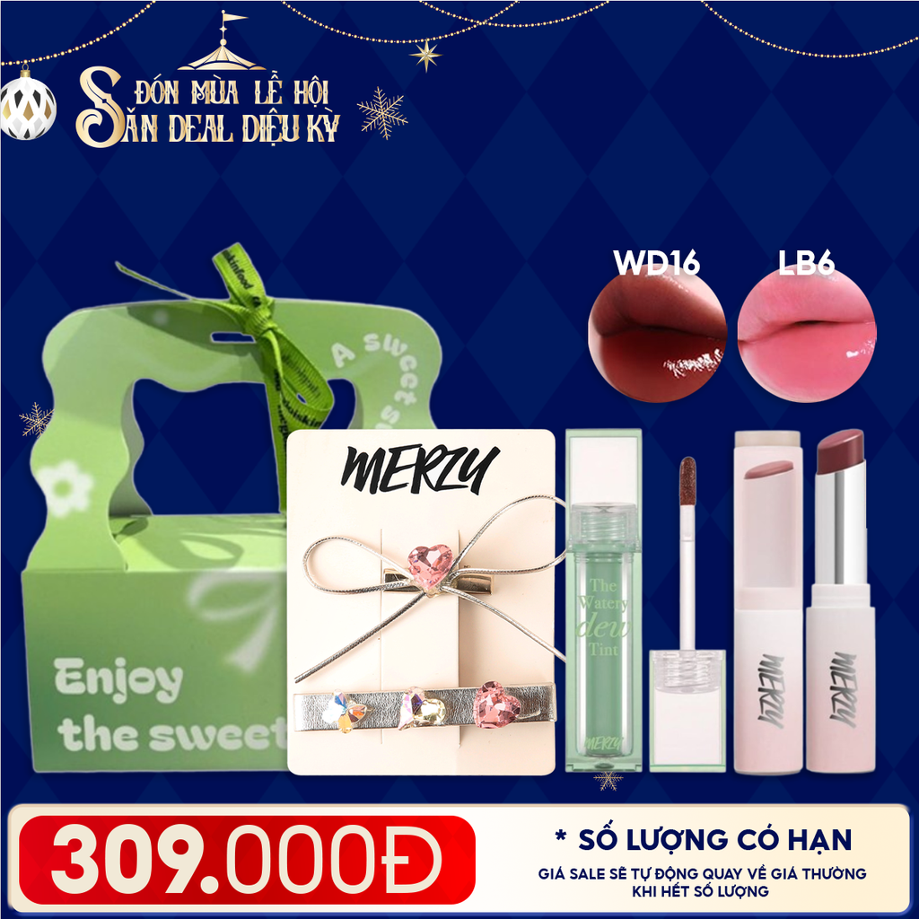 Combo Quà Tặng: Son Tint Bóng Merzy The Watery Dew Tint + Son Dưỡng Ẩm Merzy Siren Melting Color Lip Balm + Kẹp Tóc Merzy + Túi Quà