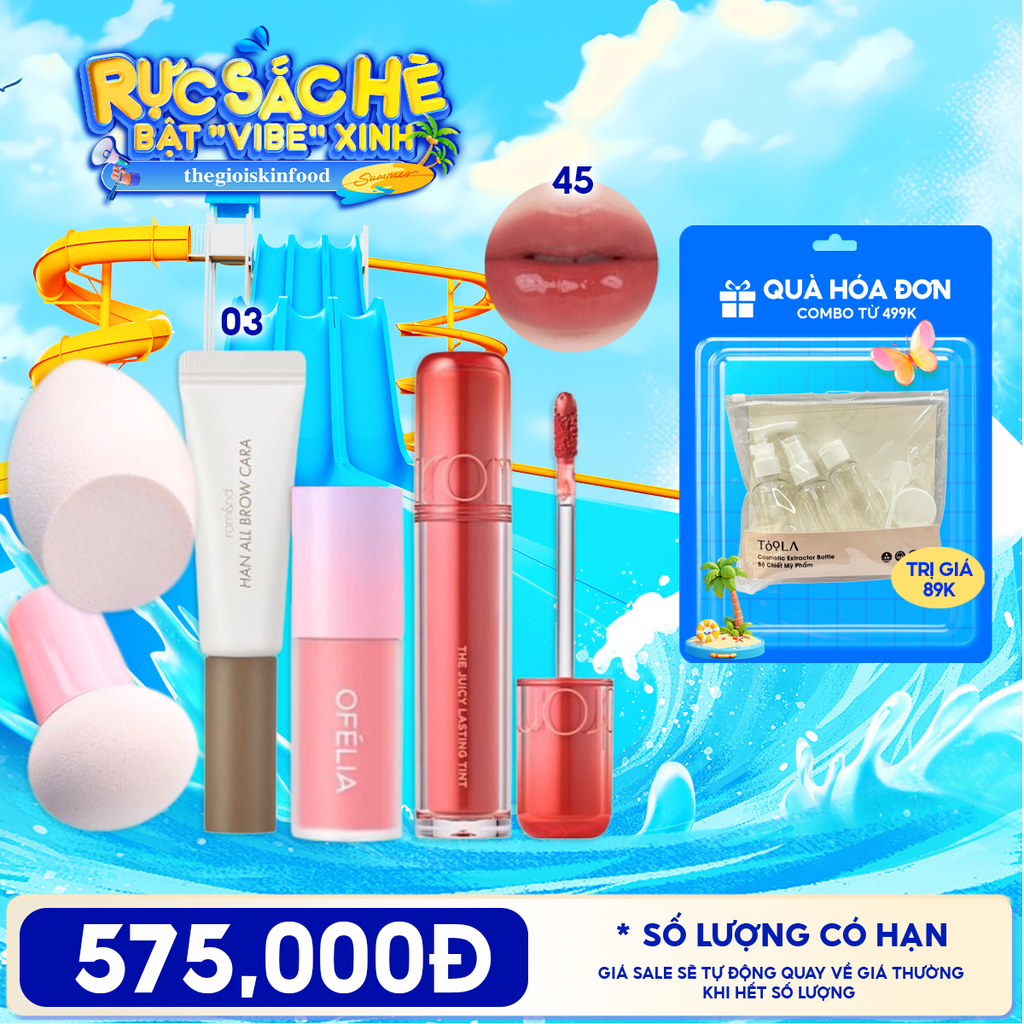 Combo Má Hồng Dạng Kem OFÉLIA Lolli Liquid Blush + Mascara Chân Mày Romand Han All Brow Cara + Son Tint Lì Romand The Juicy Lasting Tint + Bông Mút Trang Điểm TOOLA Makeup Puff