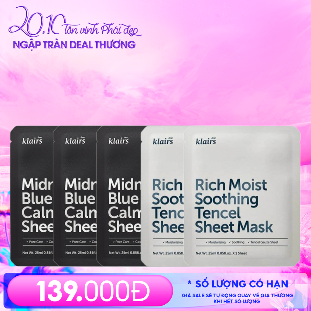 Combo Klairs 5 Mask: Mặt Nạ Làm Dịu, Hỗ Trợ Hồi Da Midnight Blue Calming Sheet Mask + Mặt Nạ Dưỡng Ẩm Rich Moist Soothing Tencel Sheet Mask