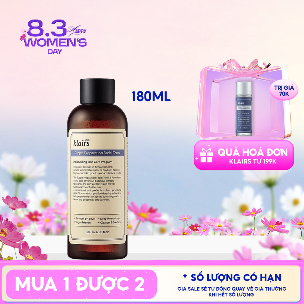 Nước Hoa Hồng Klairs Làm Sạch, Dưỡng Ẩm Supple Preparation Facial Toner 180ml