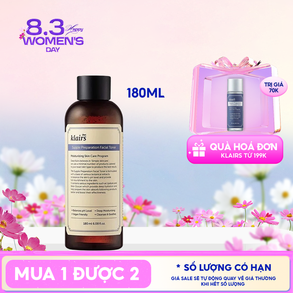  Nước Hoa Hồng Klairs Làm Sạch, Dưỡng Ẩm Supple Preparation Facial Toner 180ml 