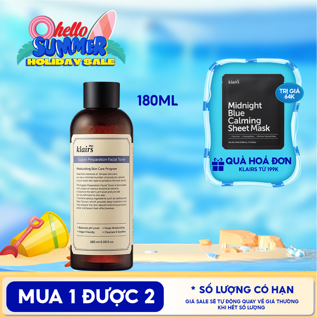 Nước Hoa Hồng Klairs Làm Sạch, Dưỡng Ẩm Supple Preparation Facial Toner 180ml