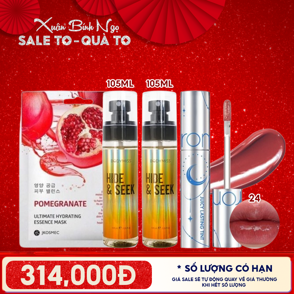 Combo Valentine:Son Tint Lì Romand Solunar 24 PEELING ANGDOO + 2 Xịt Thơm Toàn Thân Bodymiss HIDE & SEEK 105ML + 2 Mặt Nạ Jkosmec Tinh Chất Cấp Ẩm Chuyên Sâu