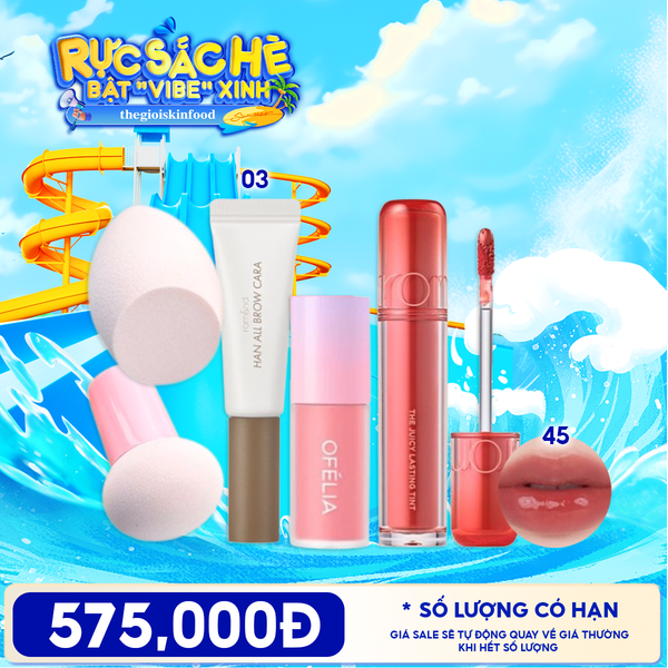 Combo Má Hồng Dạng Kem OFÉLIA Lolli Liquid Blush + Mascara Chân Mày Romand Han All Brow Cara + Son Tint Lì Romand The Juicy Lasting Tint + Bông Mút Trang Điểm TOOLA Makeup Puff 