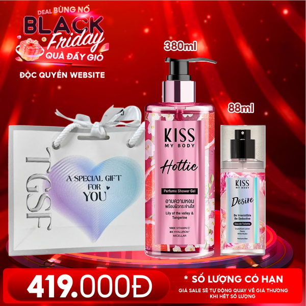  Combo Quà Tặng 20/11: Sữa Tắm Sạch Sâu Hương Nước Hoa Kiss My Body Gel 380ml + Xịt Thơm Toàn Thân Hương Nước Hoa Kiss My Body 88ml + Túi Quà 