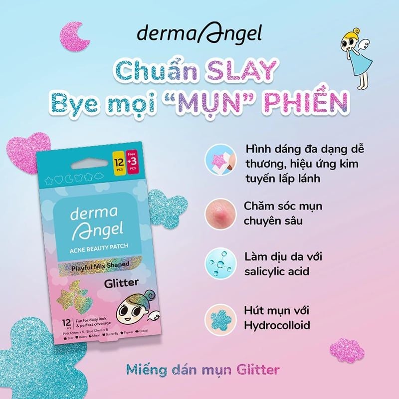 Miếng Dán Mụn Derma Angel Hình Vui Nhộn Acne Beauty Patch Colorful Mix Shaped (12 miếng)