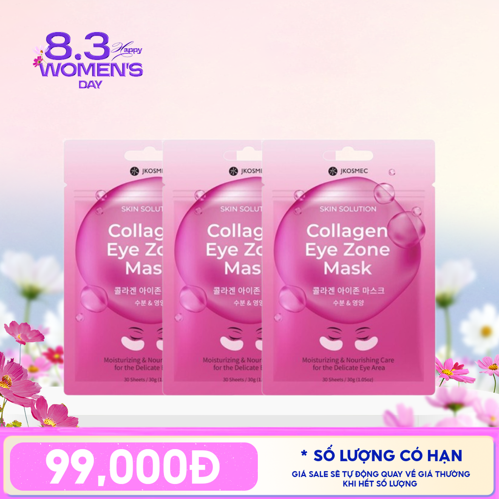 Combo 3 Set Mặt Nạ Mắt Cấp Ẩm, Làm Sáng, Giảm Quầng Thâm Mắt Jkosmec Skin Solution Collagen Eye Zone Mask (30 miếng)