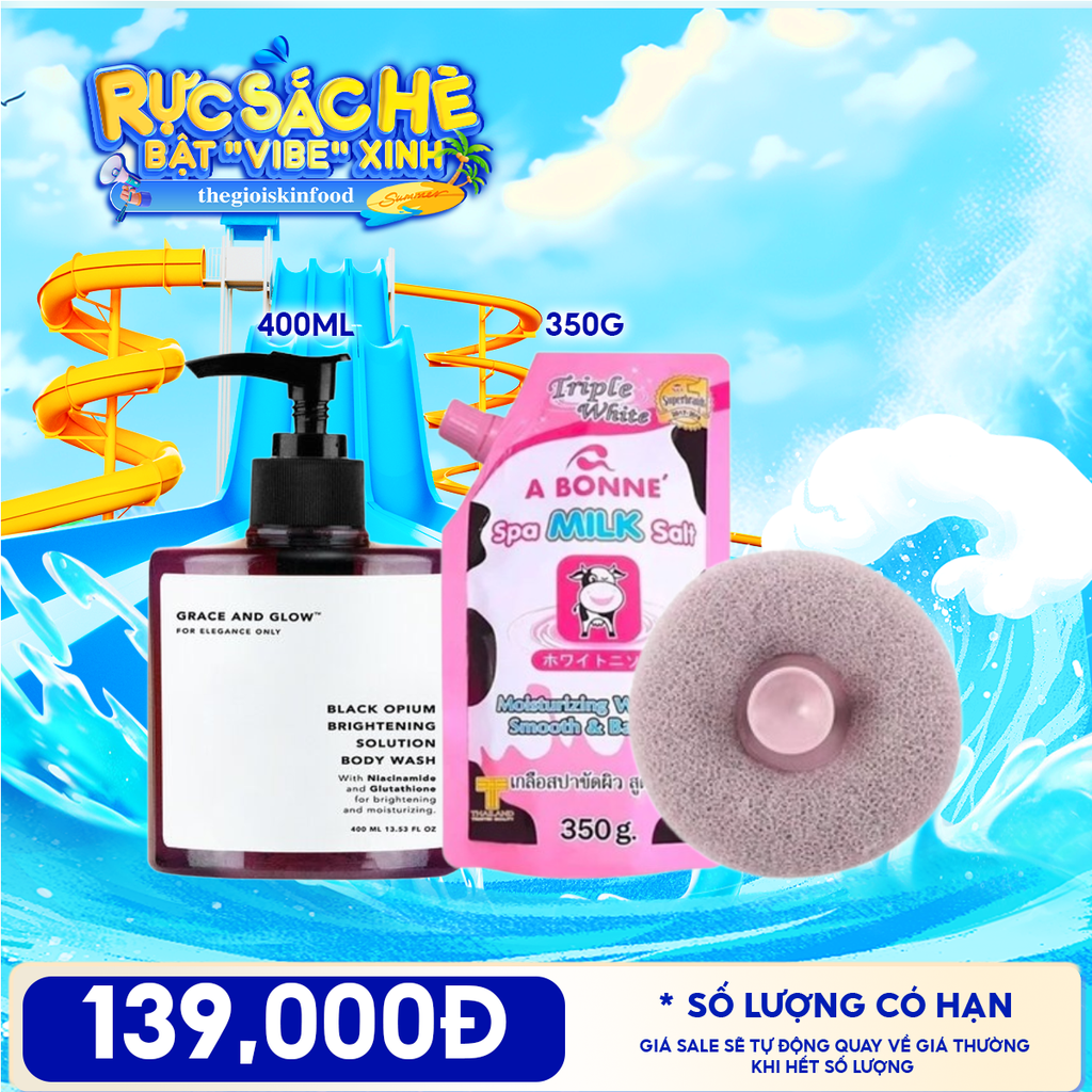 Combo Travel: Muối Tắm Tẩy Tế Bào Chết A Bonne Spa Salt +  Bông Tắm Tròn TOOLA + Sữa Tắm Grace And Glow Body Wash 400ml