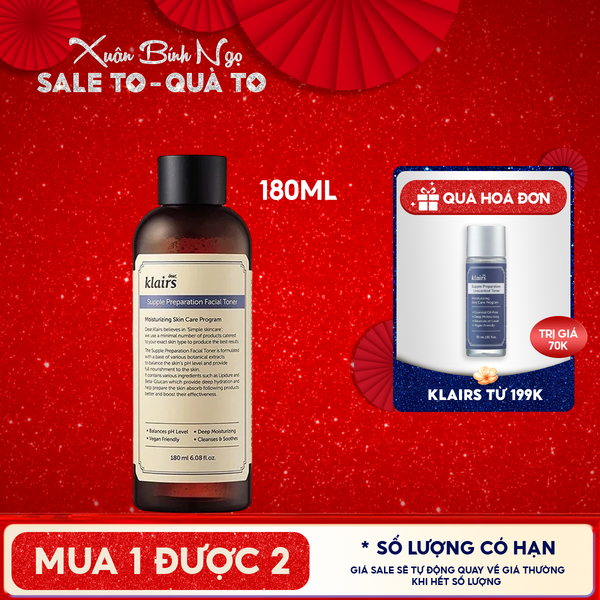  Nước Hoa Hồng Klairs Làm Sạch, Dưỡng Ẩm Supple Preparation Facial Toner 180ml 