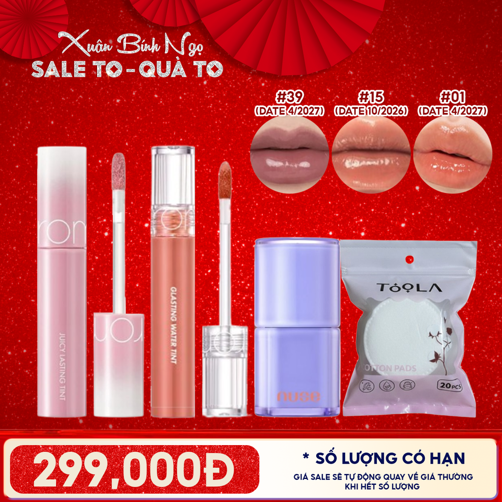 Combo Quà Tặng 8.3 : Son Bóng Nuse Care Liptual + Son Lì Romand The Juicy Lasting Tint + Romand Glasting Water Tint + Bông Tẩy Trang Tròn TOOLA x Romand
