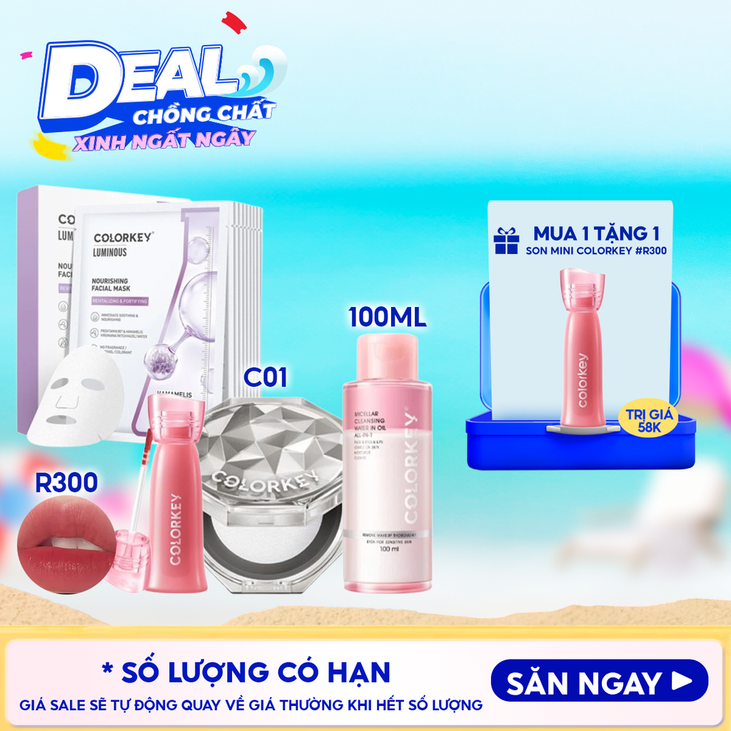 Combo Colorkey: Phấn Phủ Dạng Bột Colorkey Lasting Naturally-occurring Loose Powder + Nước Tẩy Trang 2 Lớp Colorkey + Son Kem Lì Colorkey Soft Matte Water Tint + Mặt Nạ Colorkey