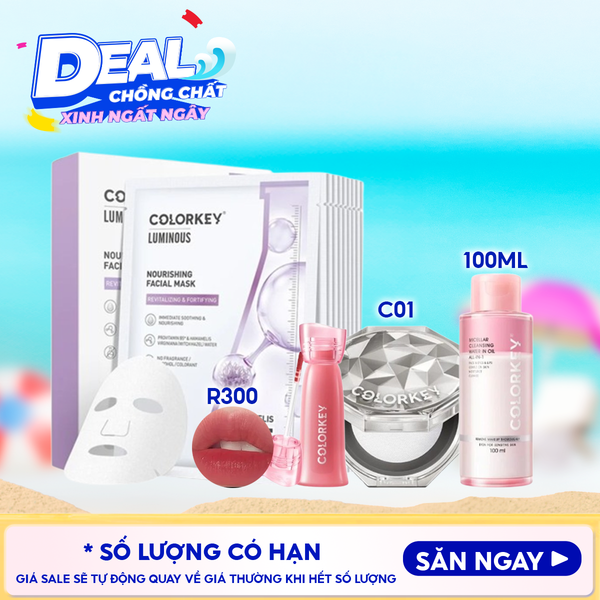  Combo Colorkey: Phấn Phủ Dạng Bột Colorkey Lasting Naturally-occurring Loose Powder + Nước Tẩy Trang 2 Lớp Colorkey + Son Kem Lì Colorkey Soft Matte Water Tint + Mặt Nạ Colorkey 